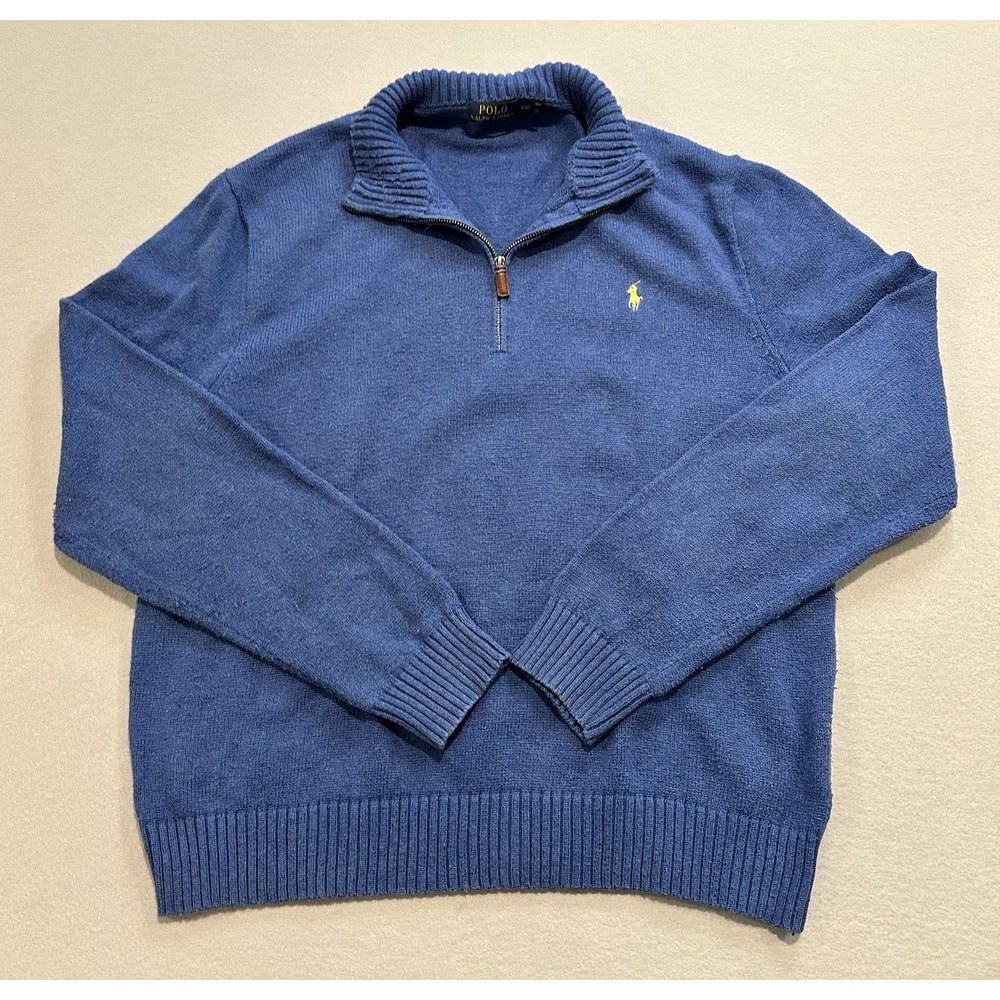 Polo Ralph Lauren Mens XXL Blue 1/4 Zip Sweater Cotton Pony Logo Pullover - Picture 1 of 13